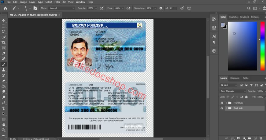 Tasmania, Australia Driving Licence Template