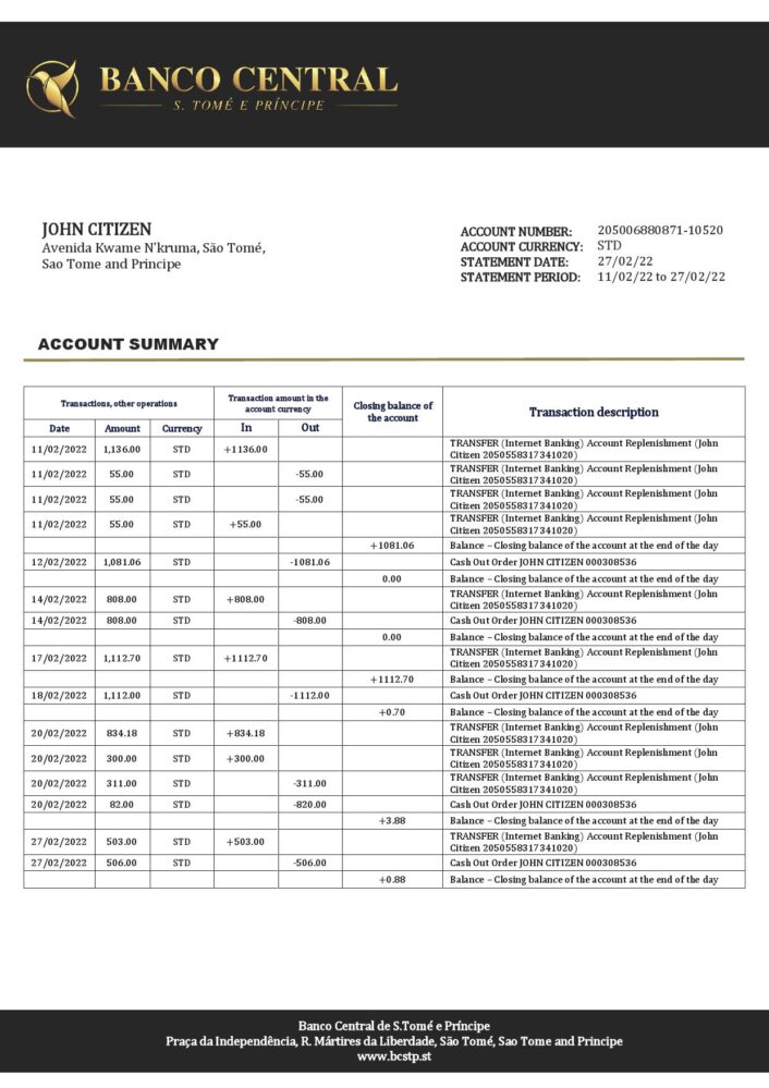 Sao Tome And Principe Banco Central De S.Tome E Principe Bank Statement Template